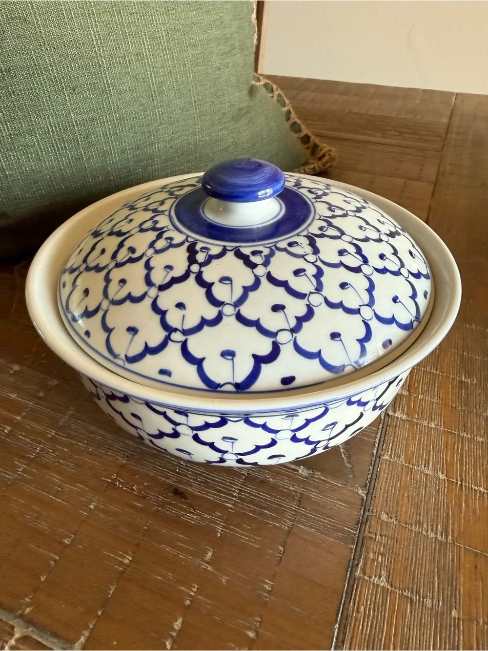 Vintage Style Thai Blue & White Hand-Painted Covered Lidded Serving Bowl